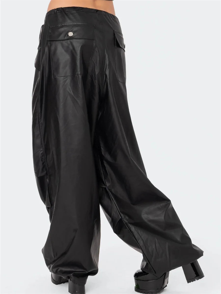 Black Pu Leather Cargo Baggy Low Waist Drawstring Button Long Pants