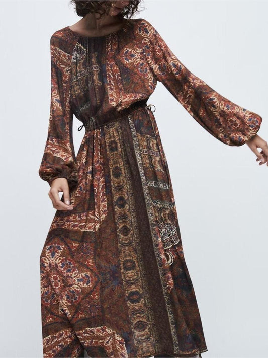 Print Round Neck Lace Up Maxi Dress
