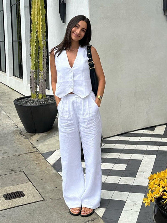 White Vest Waist Coat & Wide Leg Pants Coord Set