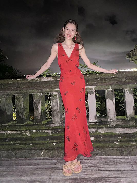Red V-neck Maxi Dress