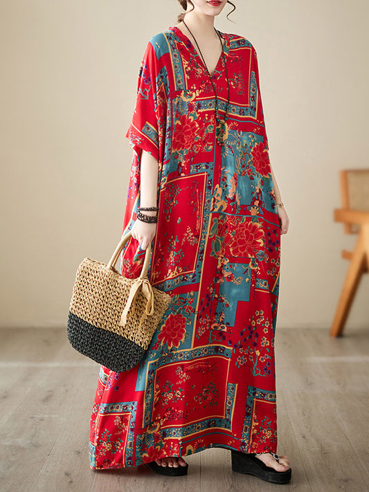 Loose Short Sleeves Printed Multi-colored V-neck Maxi Dresses