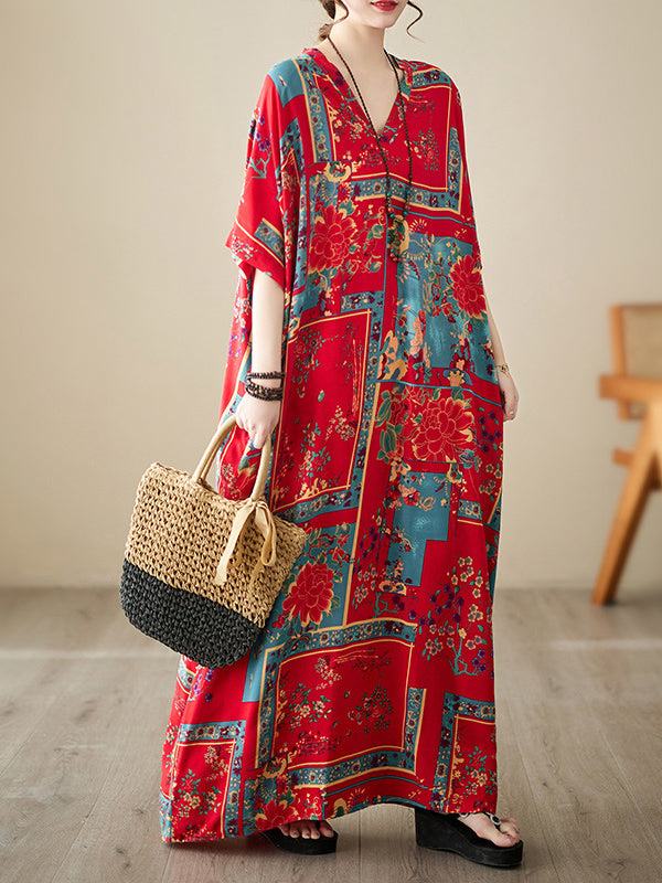 Loose Short Sleeves Printed Multi-colored V-neck Maxi Dresses