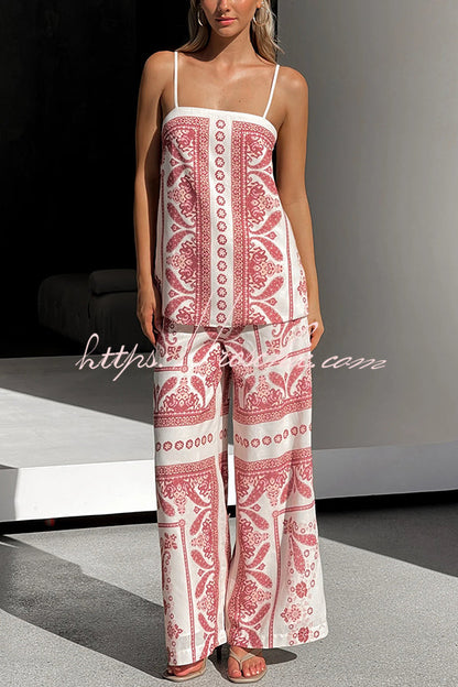 Unique Print Loose Tank Top and Elastic Waist Wide Leg Straight Pants Set