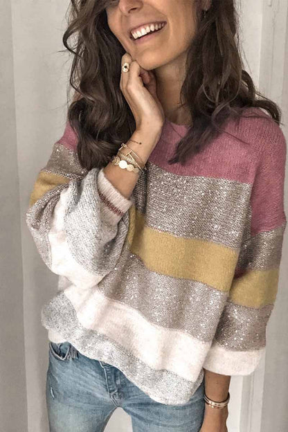 Loose Round Neck Multicolor Knit Sweater