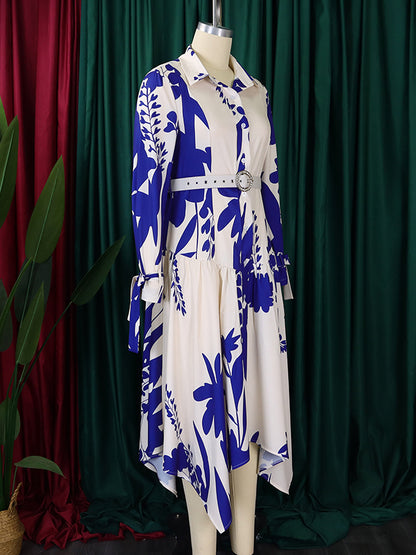 Irregular Clipping Long Sleeves Lace-up Pleated Printed Split-joint Tied Waist Lapel Maxi Dresses Shirt Dress