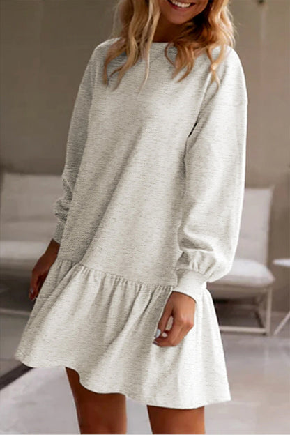 White Color Ruffle Hem Mini Sweatshirt Dress