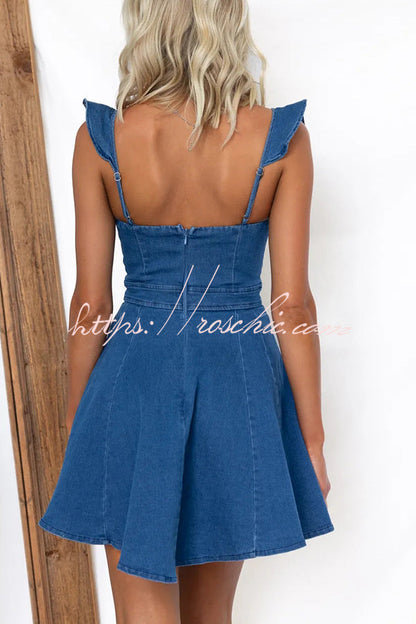 Sweet Secret Denim Square Neck Ruffle Sleeve Stretch Mini Dress