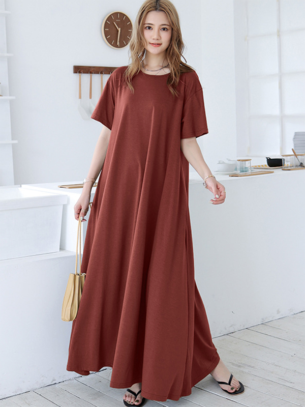 Simple Loose Short Sleeves Color Round-neck Maxi Dresses