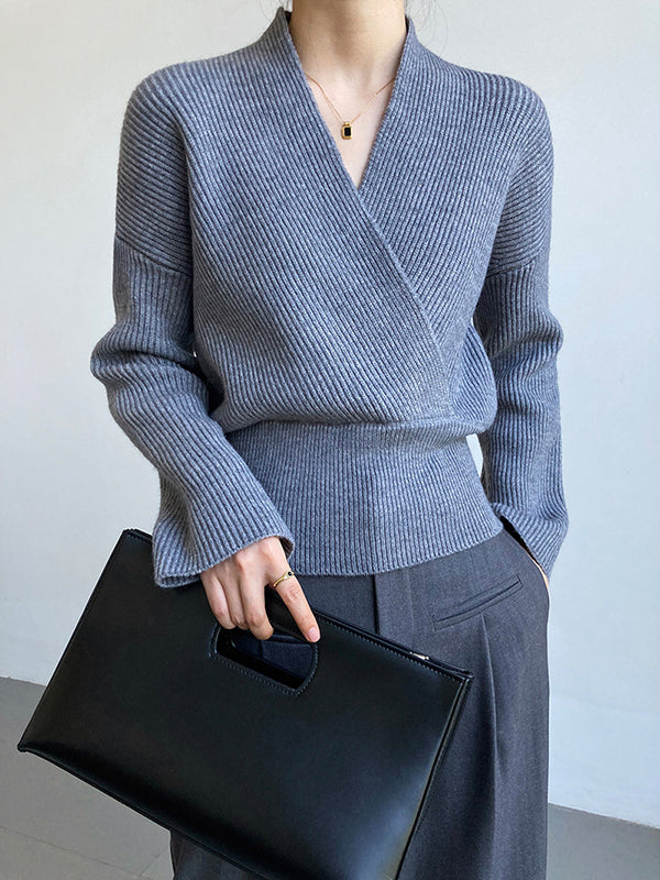 French Grey Cross V-neck Long Sleeve Sweater Qx012