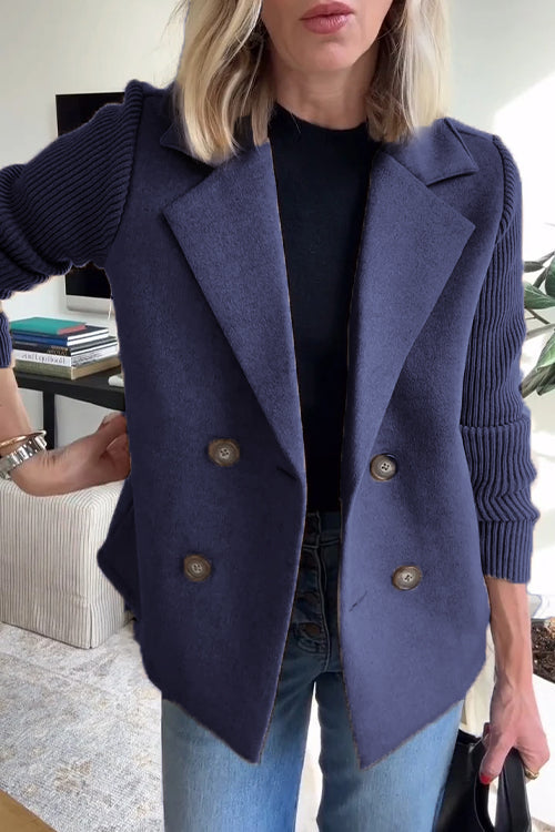 Lapel Button Knitted Sleeve Coat With Two Side Pockets