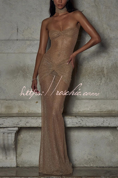 Slightly Translucent Sequined Off-shoulder Slim Fit Fishtail Maxi Dress