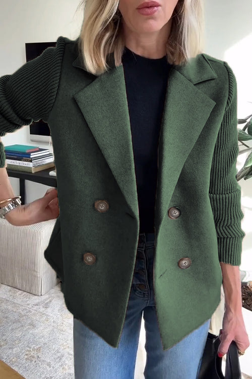 Lapel Button Knitted Sleeve Coat With Two Side Pockets