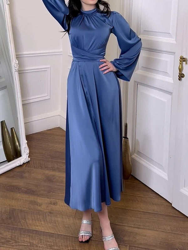 Long Sleeves Loose Pleated Color Tied Waist Mock Neck Maxi Dresses