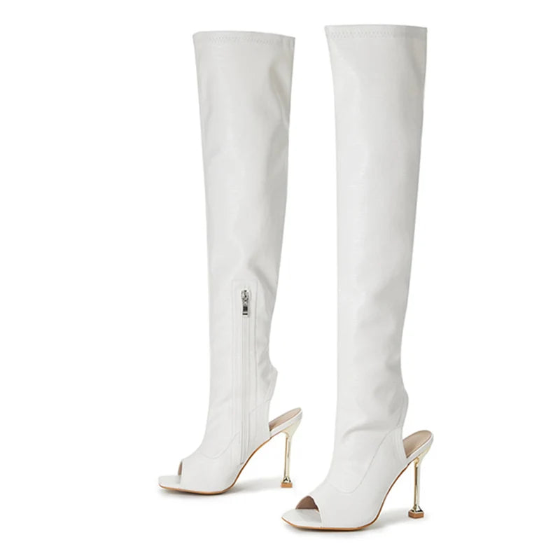 Spring Autumn Zip Metal Thin Heels Open Toe Leather Thigh High Over the Knee Boots Party Club Stripper Shoes