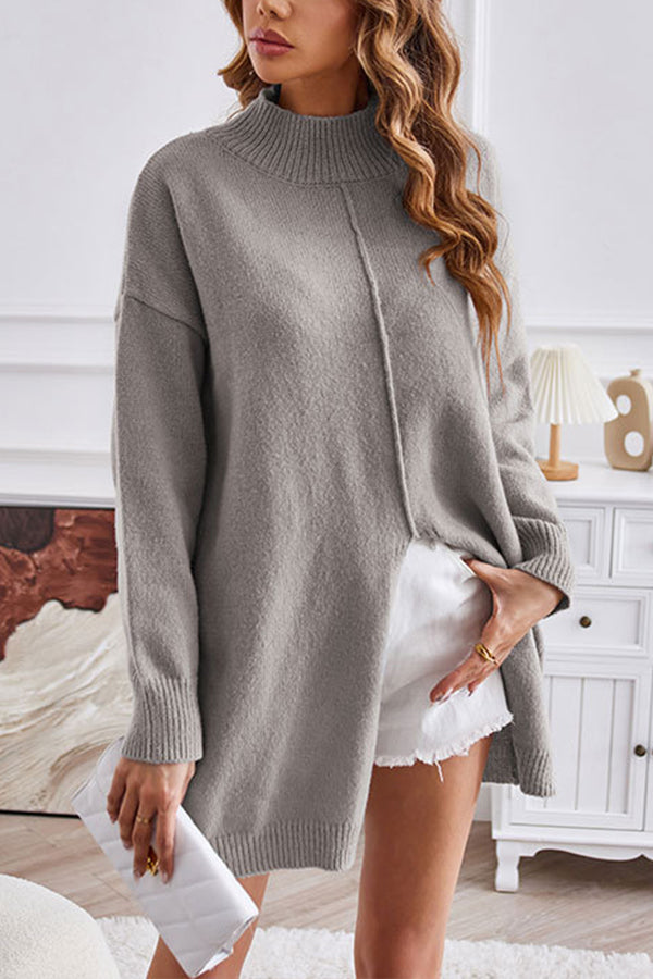 Color Half Turtleneck Pullover Sweater Fashionable Mid-length Slit Dress