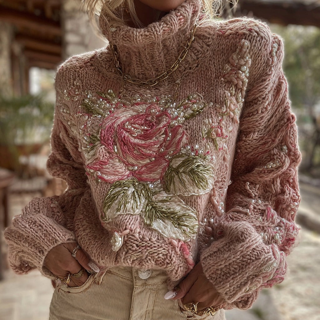 Women's Vintage Pink Rose Pattern Warm Knitted Turtleneck Sweater artswardrobe