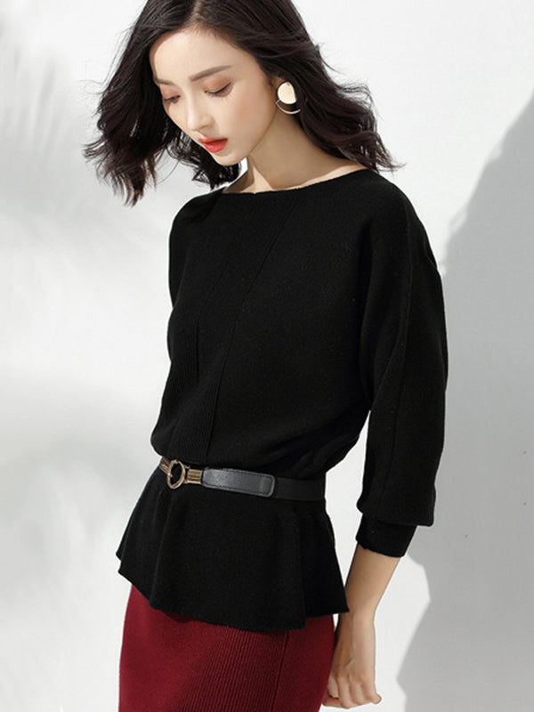 Red Boat Neck Tunic Ruffled Hem Long Sleeve Sweater An1040