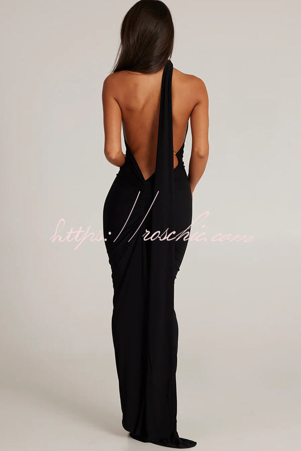 Backless Pleated Slim Color Sleeveless Maxi Dress