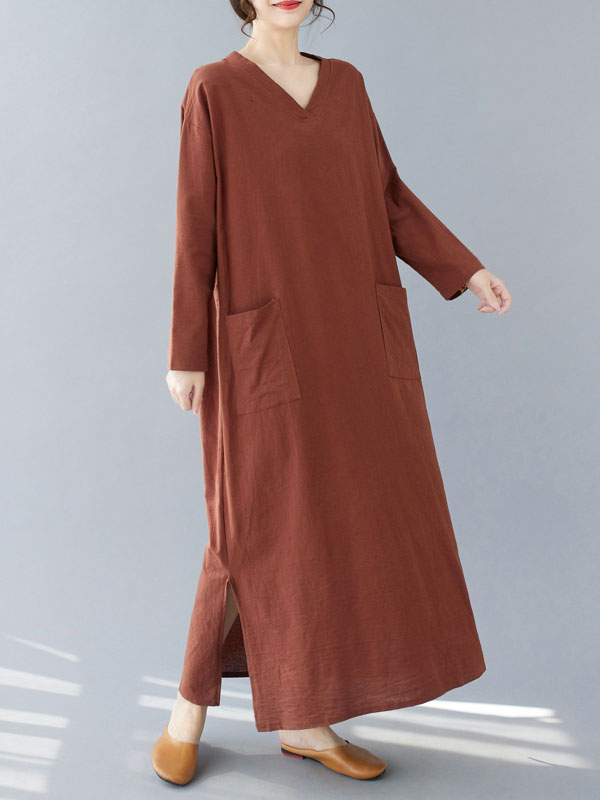 A-line Long Sleeves Pockets Color Split-side V-neck Maxi Dresses