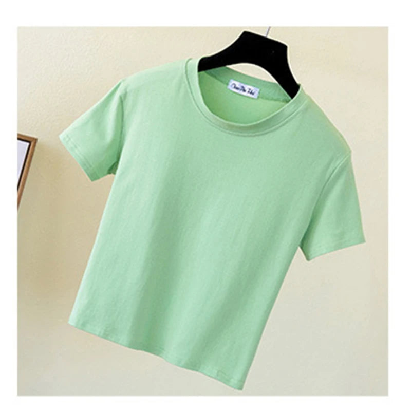 Green Crop Top T-shirt Female Cotton O-neck Short Sleeve T-shirts for High Waist Slim Short Sport Femme T-shirt