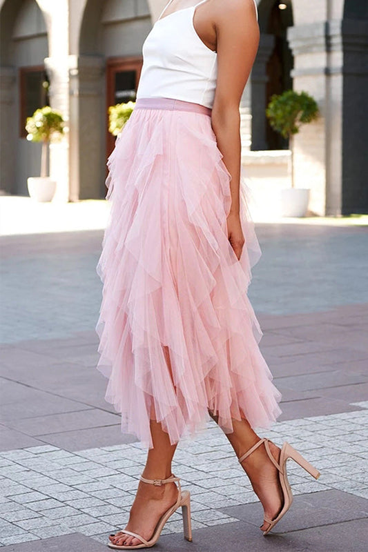 Fashionable Color Puffy Mesh High Waist Slimming Skirt