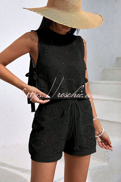 Color Sleeveless Tie Knitted Vest and Loose Elastic Waist Drawstring Shorts Set