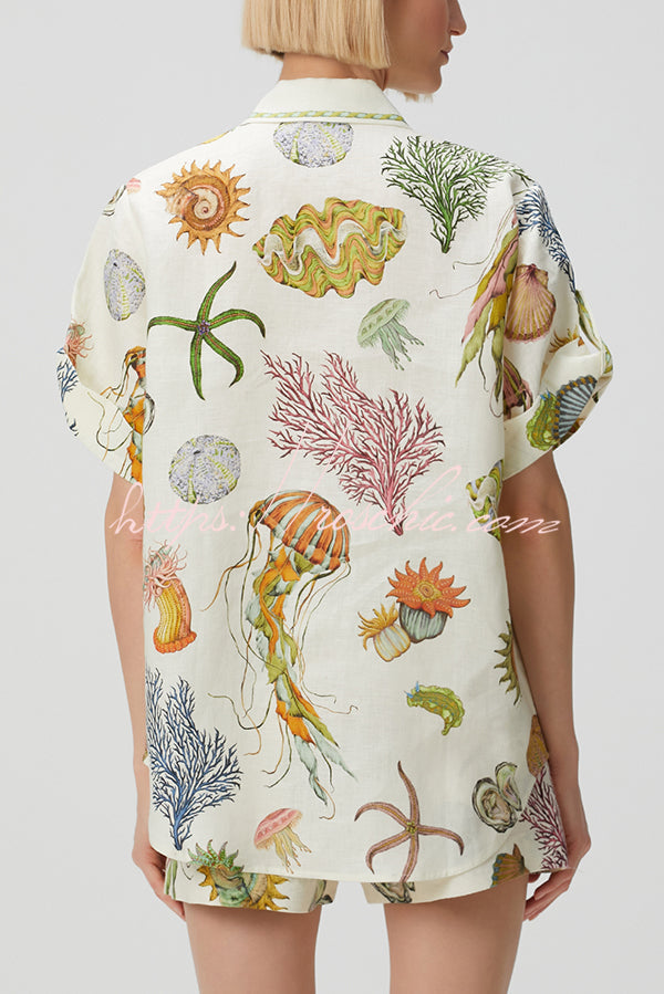 Beach Shell Print Short Sleeve Loose Shirt and Elastic Waist Tie Pocket Shorts Set
