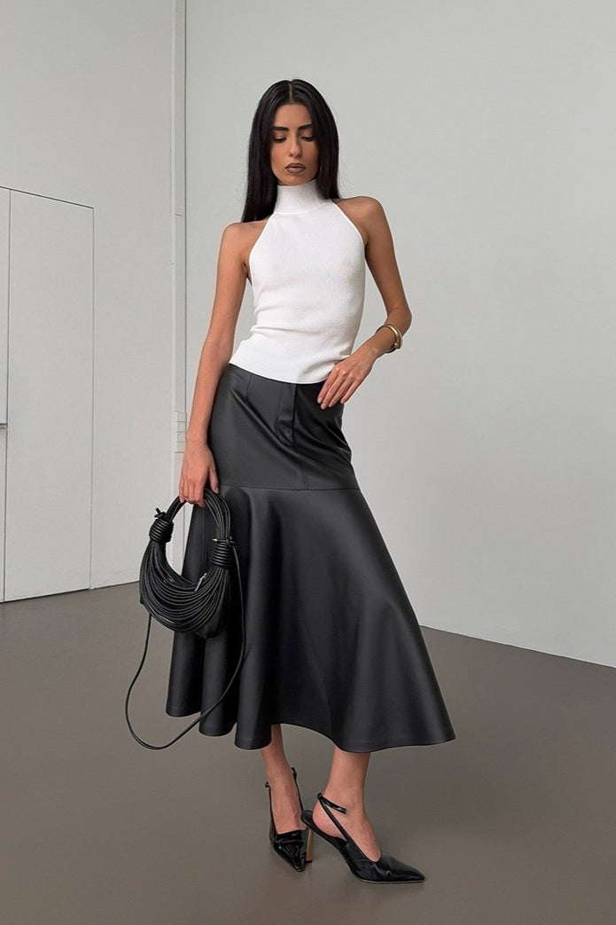 High-waist A-line Midi Pu Leather Skirt