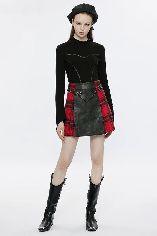 Black+red Plaid Splicing Rivet Metal Buckle Belt Daily A-line Personality Mini Skirt