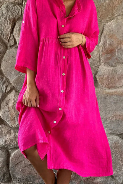 Cotton Linen Color Stand Collar Button Long Dress