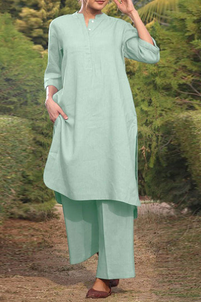 Cotton and Linen V-neck 3\/4 Sleeve Wide Brimmed Pants 2-piece Set