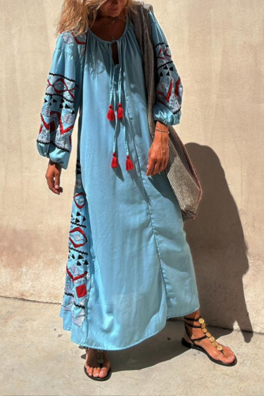 Blue V-neck Tie Style Retro Print Long Skirt