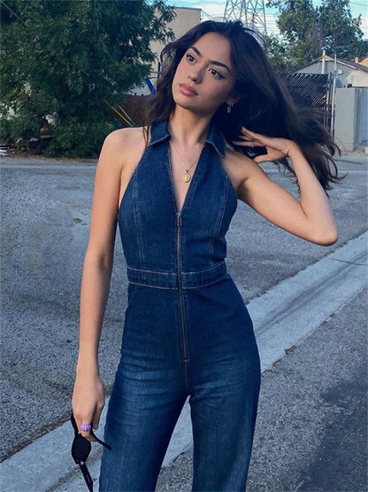 Y2k Denim Jumpsuit New V-neck Sleeveless Slim Bodycon Jumpsuits Overalls One Piece Outfits Jeans