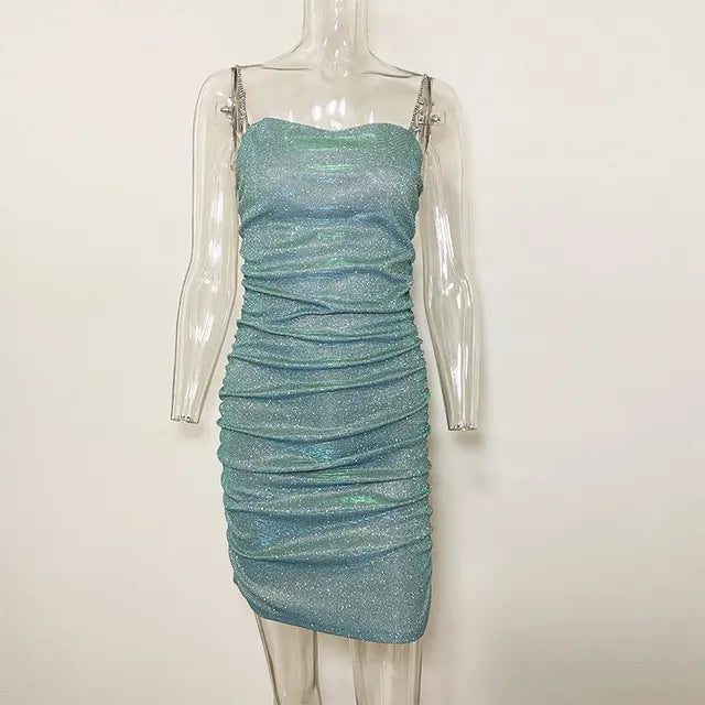 Sparkly Party Dress Rhinestone Straps Pleated Bodycon Mini Dresses Sleeveless Evening Vestidos