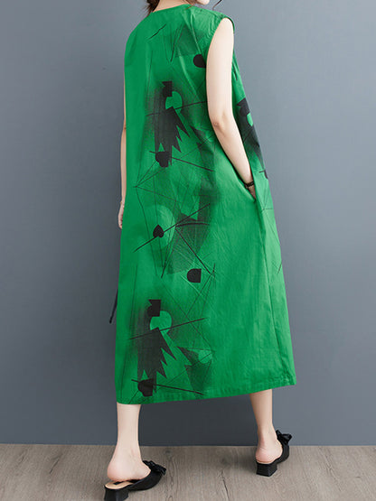 Loose Sleeveless Printed Round-neck Midi Dresses