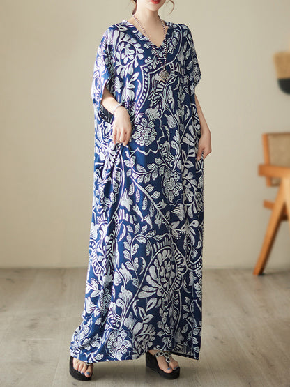 Loose Short Sleeves Printed V-neck Maxi Dresses