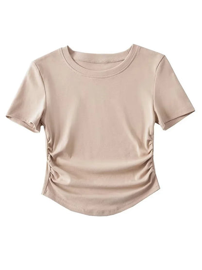 Harajuku Crew Neck Short Sleeve Cotton Tee With Ruched Sides Detail T-shirts