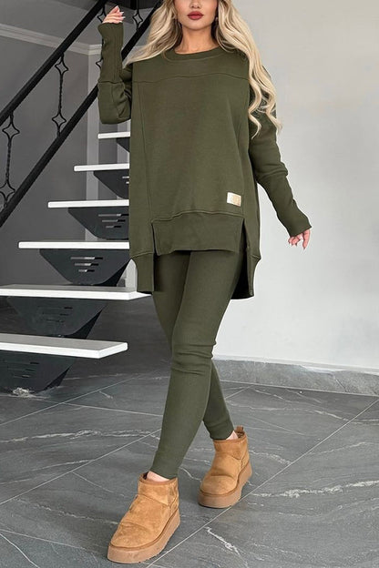 Color Crew Neck Long Sleeve Top and Stretch Pants Set