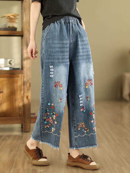 Summer Retro Embroidery Frayed Straight Denim Pants As1042
