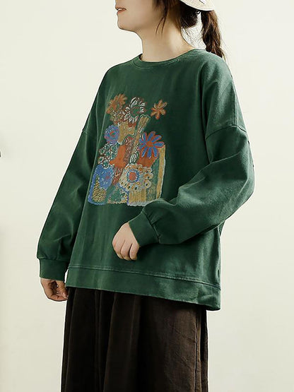 Autumn Flower O-neck Cotton Blouse At1002