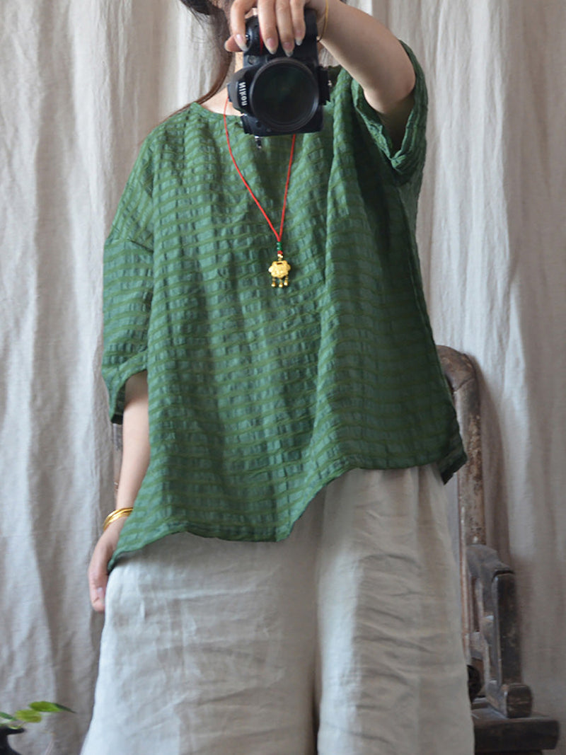 Artsy Stripe Linen O-neck Blouse Co1027