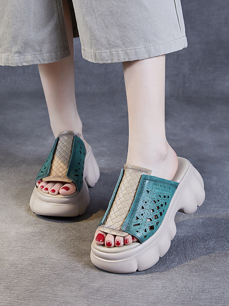 Summer Leather Spliced Platfrom Slippers Cv1033