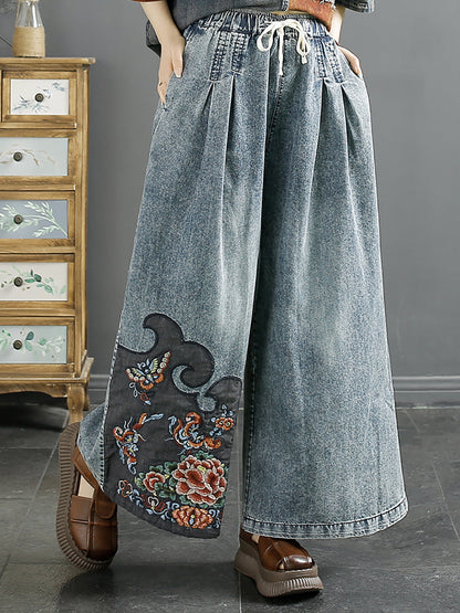Summer Embroidery Denim Wide-leg Pants Aa1039