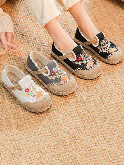 Summer Artsy Flower Embroidery Linen Cotton Shoes At1080