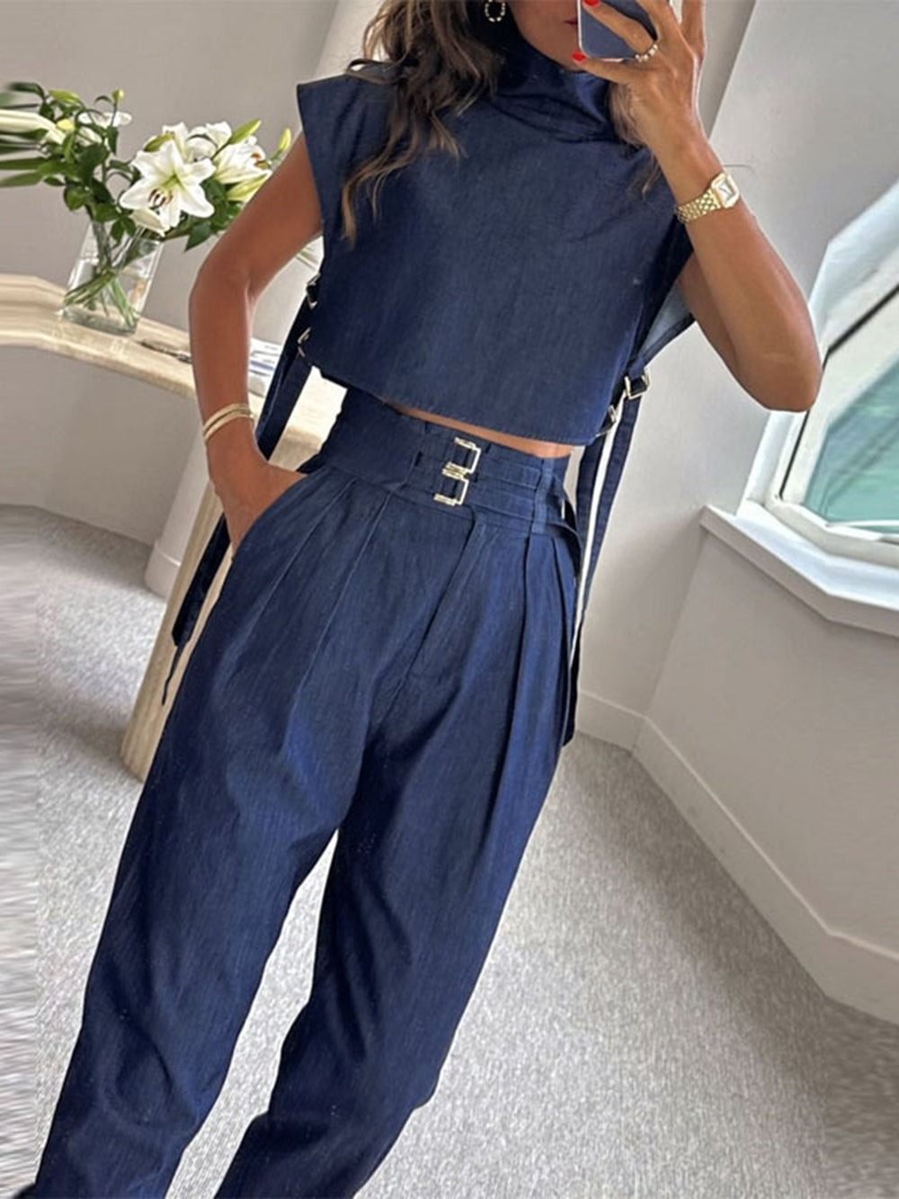 Cut Out Vest High-neck Suit Pants Set