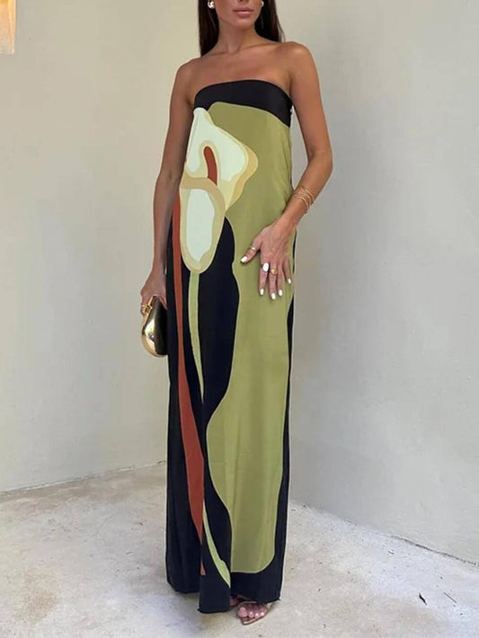 Off Shoulder Contrast Sleeveless Printed Maxi Dress