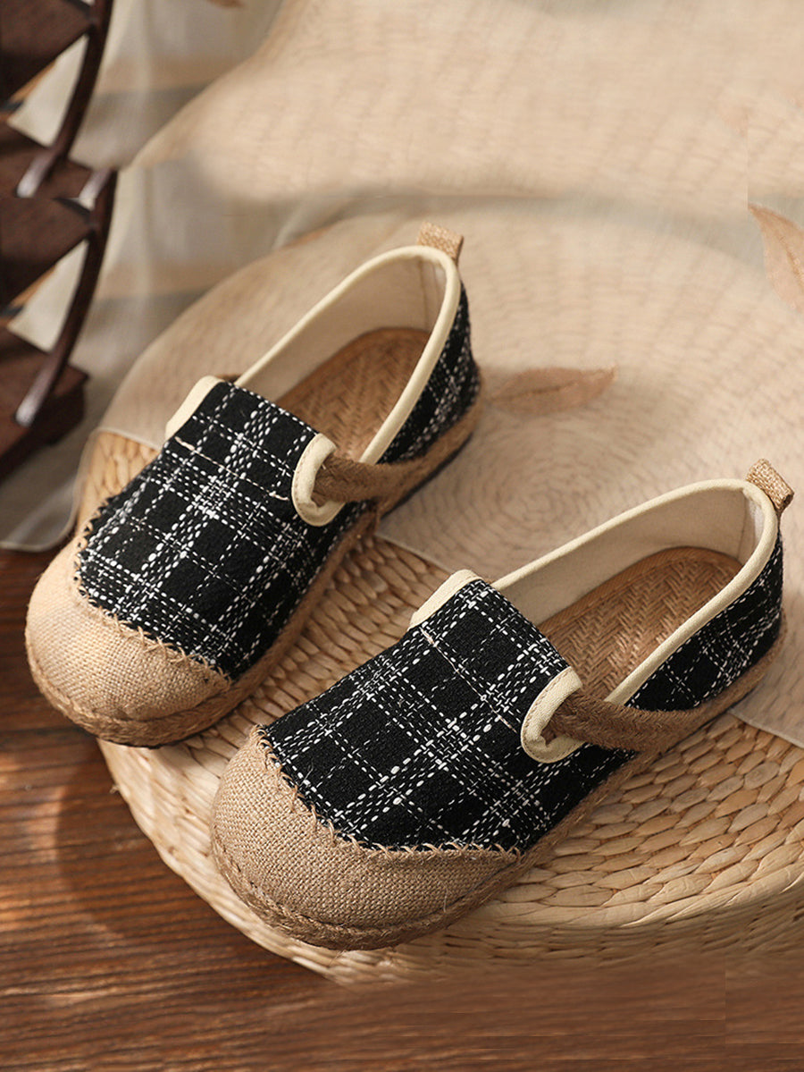 Artsy Summer Plaid Linen Spliced Flat Shoes Rr007