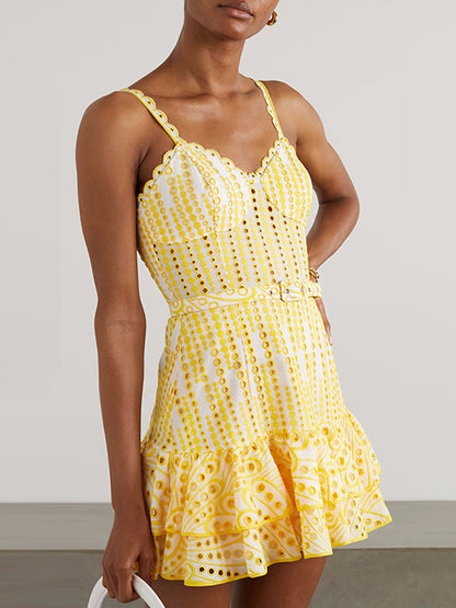Embroidered Suspender Ruffle Mini Dress