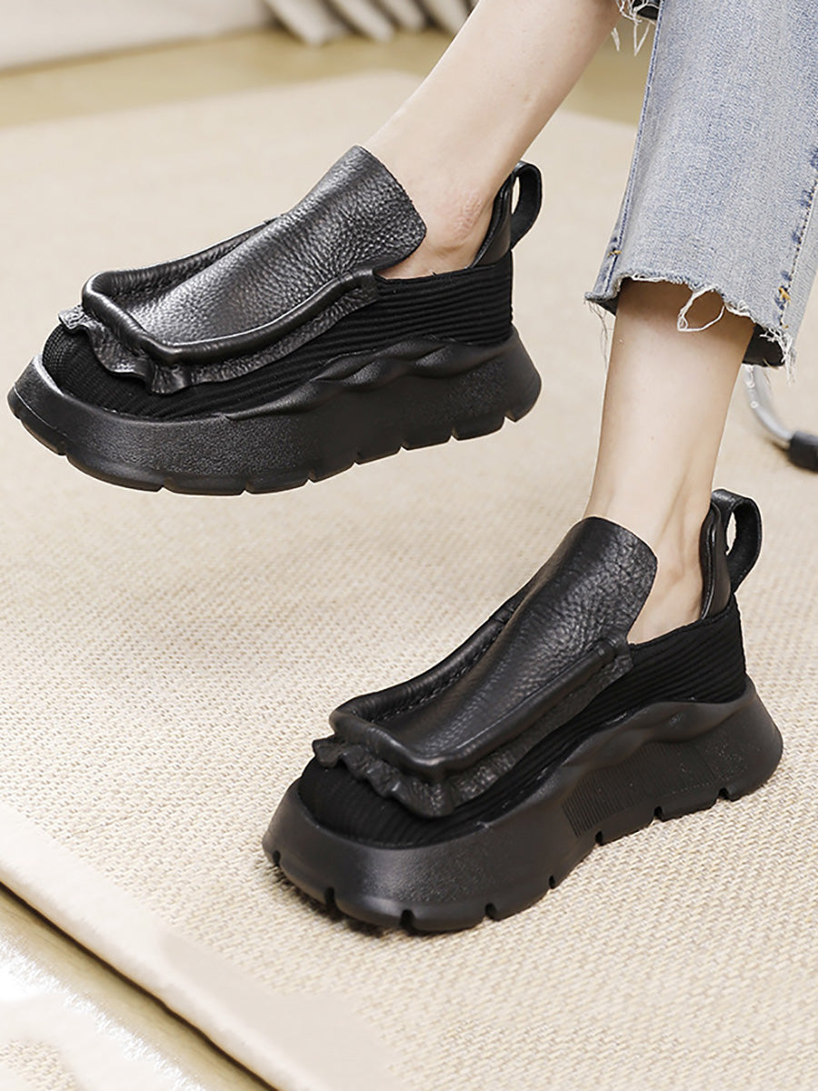 Retro Genuine Leather Spliced Platform Shoes Ah1077