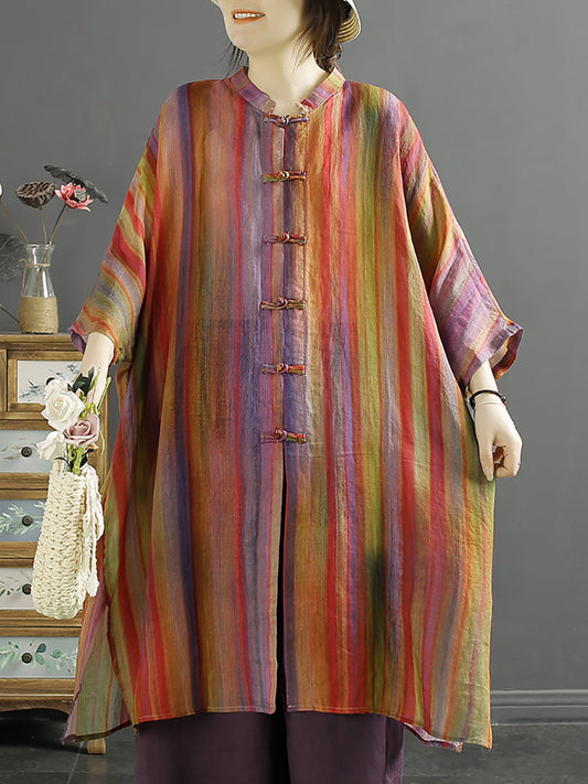 Summer Stripe Button-up 100%ramie Shirt Coat Kl1032